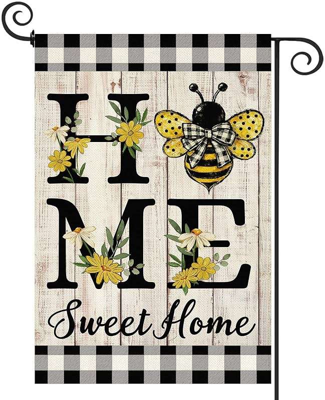 ORTIGIA Home Sweet Home Bee Garden Flag Double Sided 12.5x18 Inch, Spring Summer Yellow Flower Buffalo Plaid Check Small Yard Flag Burlap Farmhouse Rustic Outside Outdoor Lawn Patio Decor - Image 1