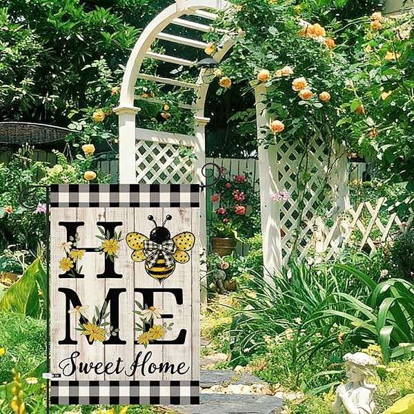 ORTIGIA Home Sweet Home Bee Garden Flag Double Sided 12.5x18 Inch, Spring Summer Yellow Flower Buffalo Plaid Check Small Yard Flag Burlap Farmhouse Rustic Outside Outdoor Lawn Patio Decor - Image 2