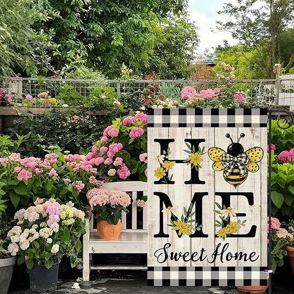 ORTIGIA Home Sweet Home Bee Garden Flag Double Sided 12.5x18 Inch, Spring Summer Yellow Flower Buffalo Plaid Check Small Yard Flag Burlap Farmhouse Rustic Outside Outdoor Lawn Patio Decor - Image 4