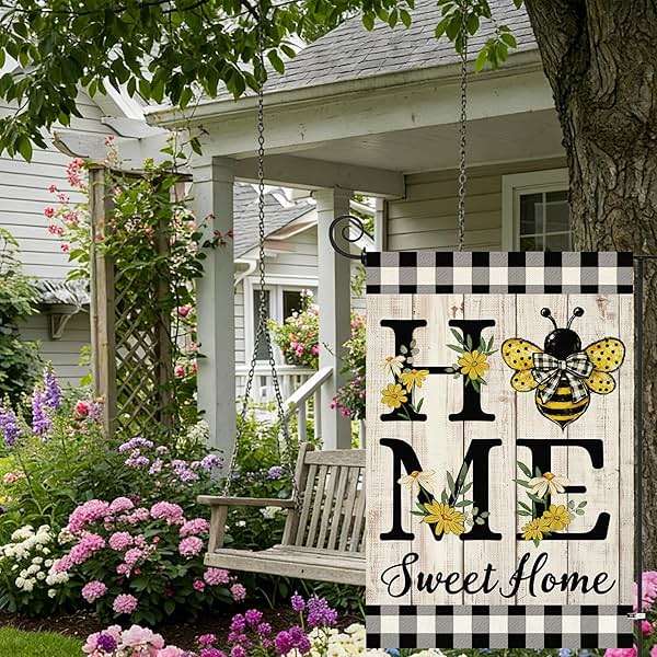 ORTIGIA Home Sweet Home Bee Garden Flag Double Sided 12.5x18 Inch, Spring Summer Yellow Flower Buffalo Plaid Check Small Yard Flag Burlap Farmhouse Rustic Outside Outdoor Lawn Patio Decor - Image 5