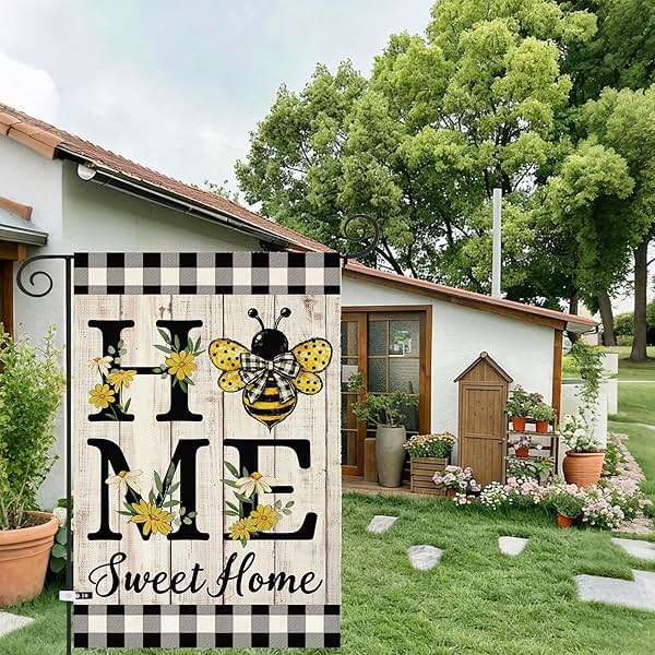 ORTIGIA Home Sweet Home Bee Garden Flag Double Sided 12.5x18 Inch, Spring Summer Yellow Flower Buffalo Plaid Check Small Yard Flag Burlap Farmhouse Rustic Outside Outdoor Lawn Patio Decor - Image 6