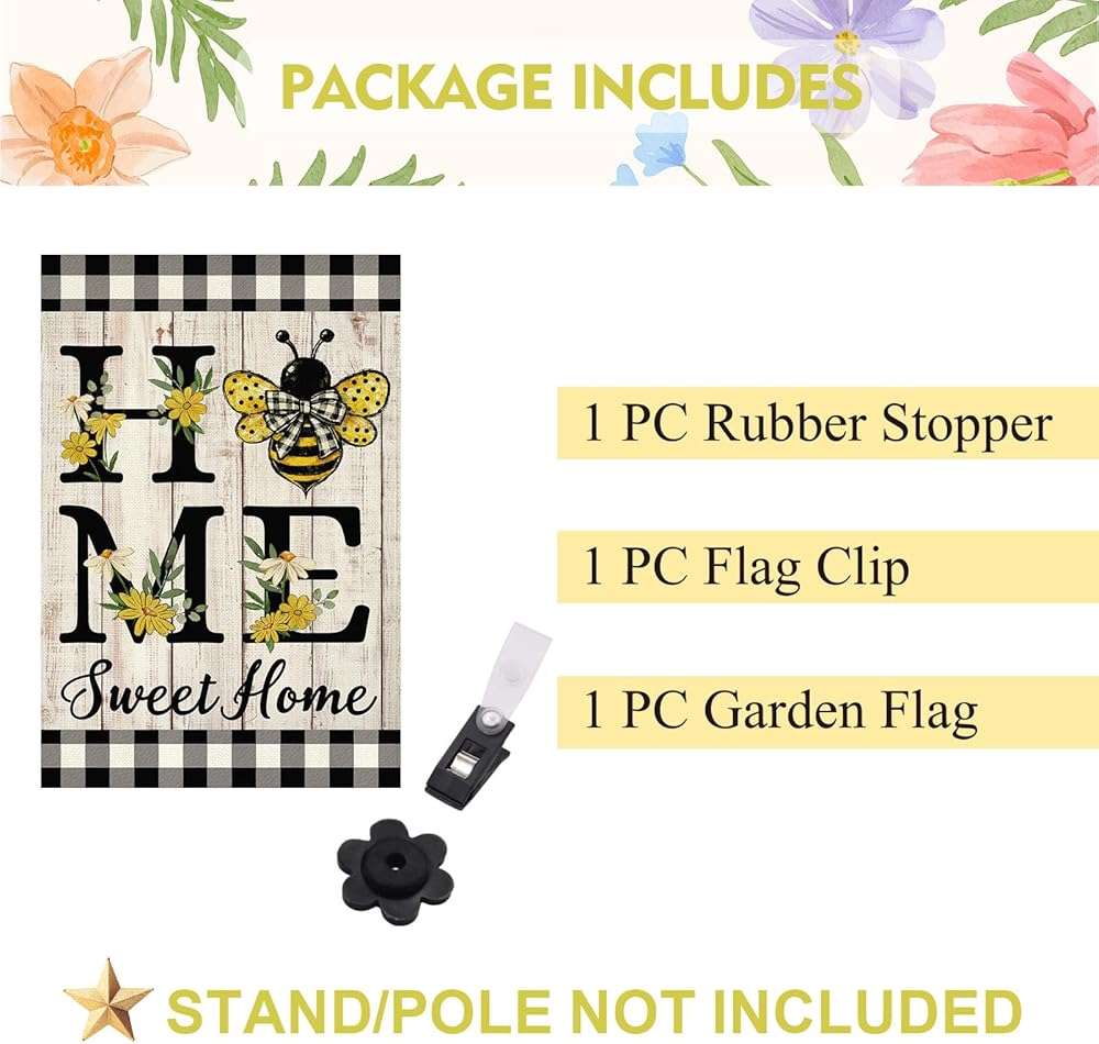 ORTIGIA Home Sweet Home Bee Garden Flag Double Sided 12.5x18 Inch, Spring Summer Yellow Flower Buffalo Plaid Check Small Yard Flag Burlap Farmhouse Rustic Outside Outdoor Lawn Patio Decor - Image 7