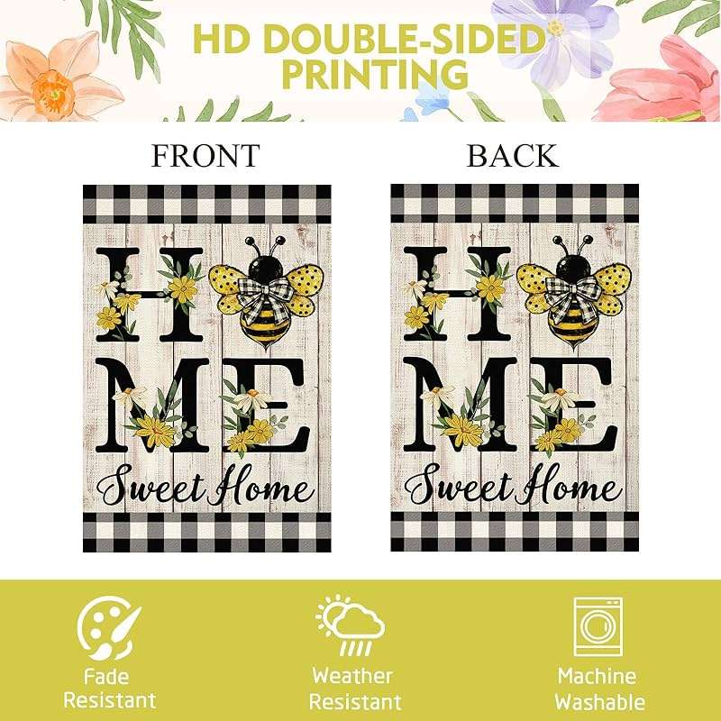 ORTIGIA Home Sweet Home Bee Garden Flag Double Sided 12.5x18 Inch, Spring Summer Yellow Flower Buffalo Plaid Check Small Yard Flag Burlap Farmhouse Rustic Outside Outdoor Lawn Patio Decor - Image 8