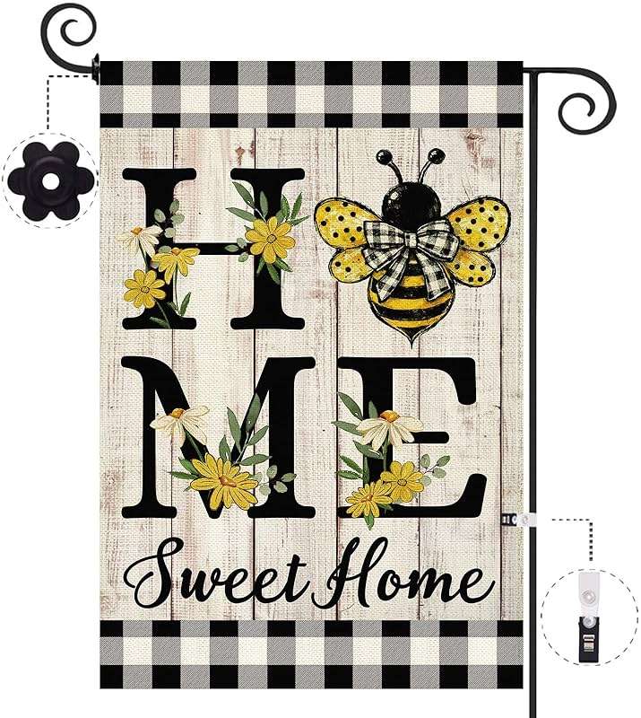 ORTIGIA Home Sweet Home Bee Garden Flag Double Sided 12.5x18 Inch, Spring Summer Yellow Flower Buffalo Plaid Check Small Yard Flag Burlap Farmhouse Rustic Outside Outdoor Lawn Patio Decor - Image 9