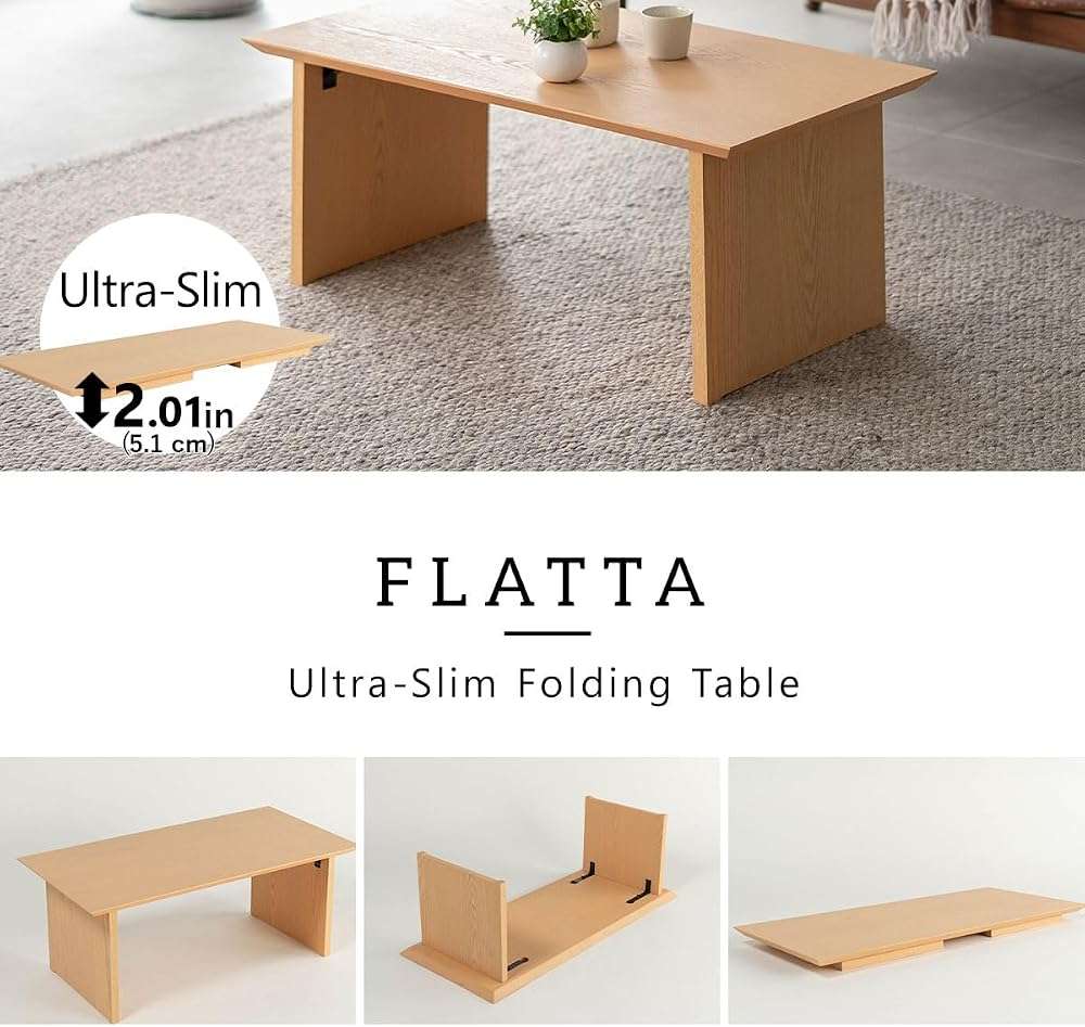 EMOOR Wood Folding Coffee Table Rectangle Large (17.7"x41.3") Natural, Floor Sitting Low Table Small Space Minimalist Japanese Tatami Room - Image 3