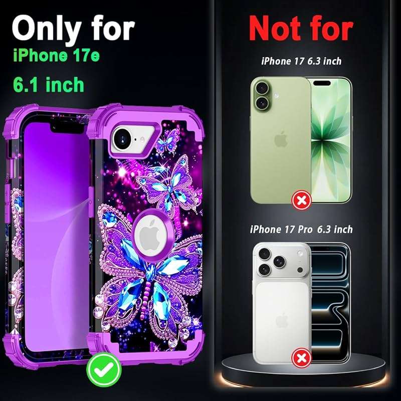 Miqala for iPhone 17e Case,Glow in The Dark Three Layer Heavy Duty Shockproof Protection Hard Plastic Bumper+Soft Silicone Case for Apple iPhone 17e,Dark Butterfly - Image 2