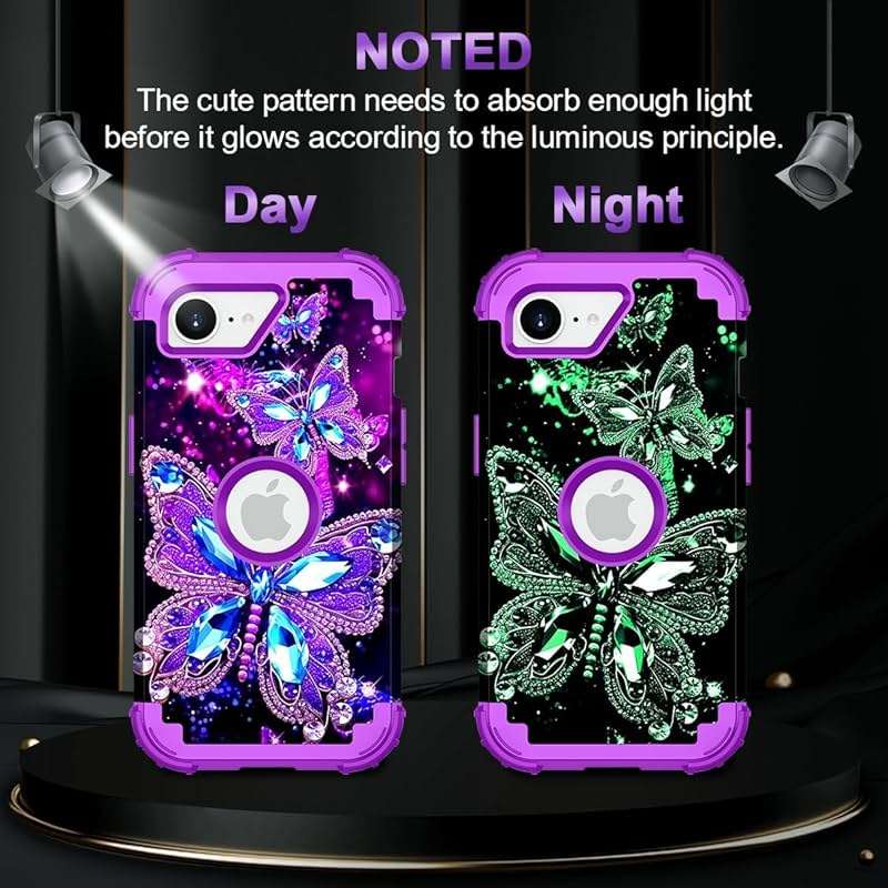 Miqala for iPhone 17e Case,Glow in The Dark Three Layer Heavy Duty Shockproof Protection Hard Plastic Bumper+Soft Silicone Case for Apple iPhone 17e,Dark Butterfly - Image 3