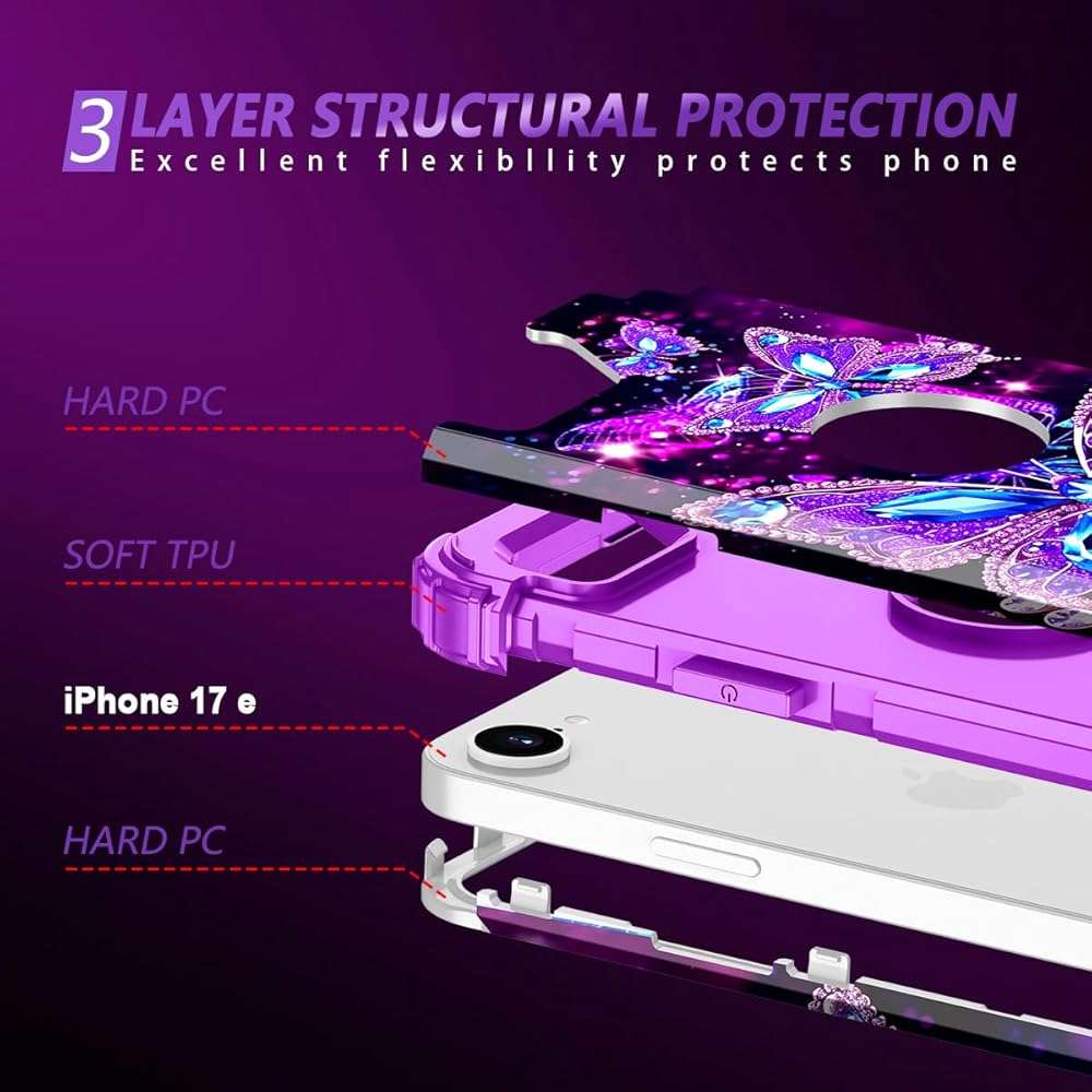 Miqala for iPhone 17e Case,Glow in The Dark Three Layer Heavy Duty Shockproof Protection Hard Plastic Bumper+Soft Silicone Case for Apple iPhone 17e,Dark Butterfly - Image 4
