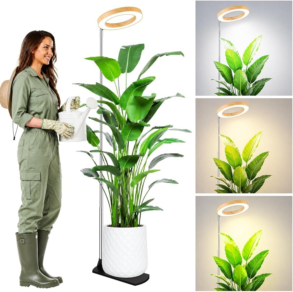LBW Grow Lights for Indoor Plants, 6.3" Full Spectrum Plant Light with Base, 65" Height Adjustable Grow Lamp, 6/8/12/16H Auto Timer, 3 Colors, 5 Dimmable Levels, for Tall Large Plants, Bamboo Grain - Product Image