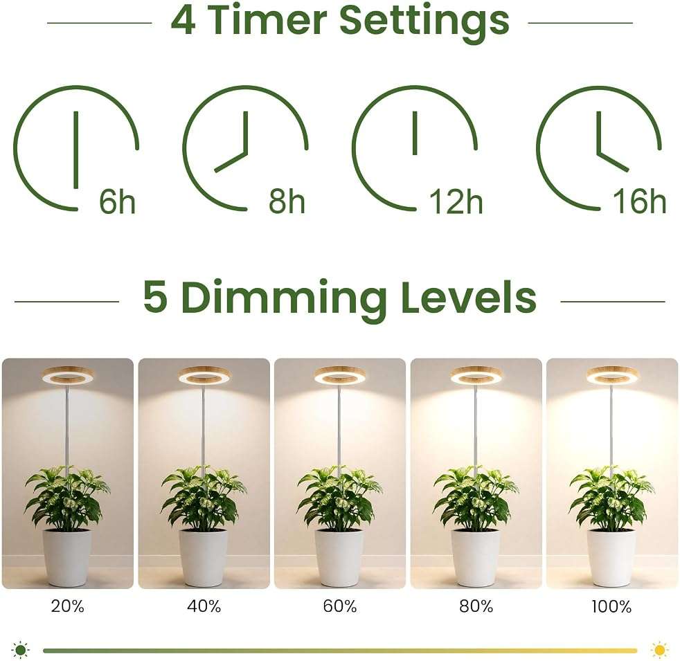 LBW Grow Lights for Indoor Plants, 6.3" Full Spectrum Plant Light with Base, 65" Height Adjustable Grow Lamp, 6/8/12/16H Auto Timer, 3 Colors, 5 Dimmable Levels, for Tall Large Plants, Bamboo Grain - Image 5