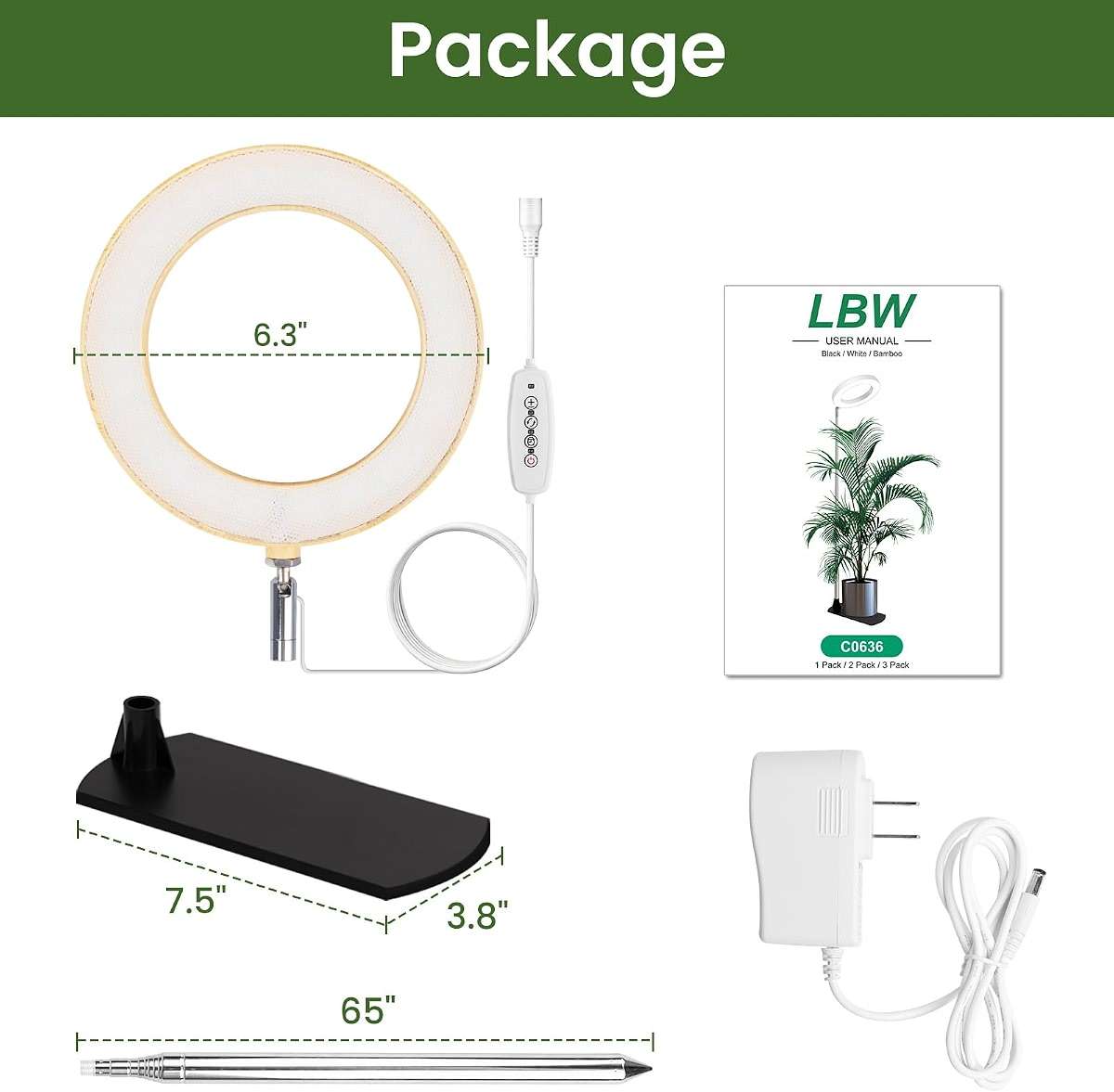 LBW Grow Lights for Indoor Plants, 6.3" Full Spectrum Plant Light with Base, 65" Height Adjustable Grow Lamp, 6/8/12/16H Auto Timer, 3 Colors, 5 Dimmable Levels, for Tall Large Plants, Bamboo Grain - Image 8