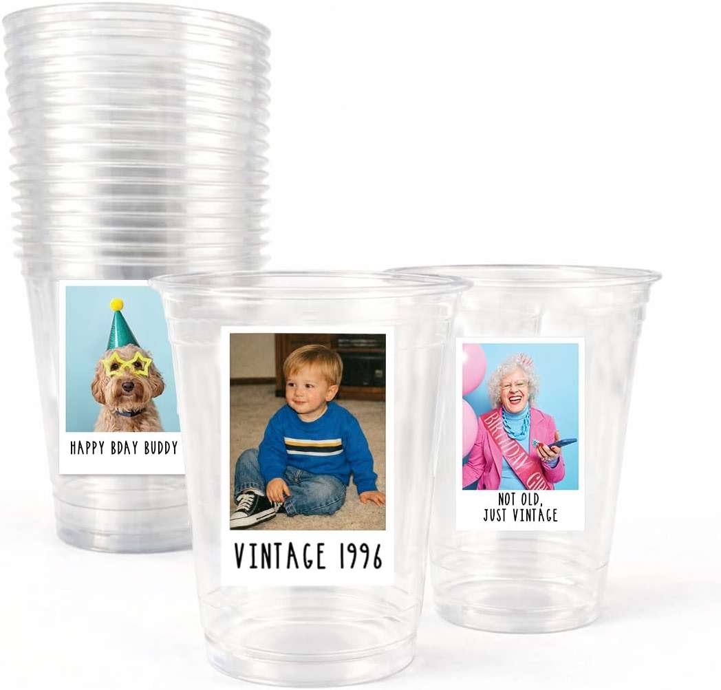 Andaz Press Custom Photo Cups for Party, Personalized 16oz Plastic Cups with Picture & Text Labels, Disposable Drinkware for Birthday, Wedding, Graduation, Baby Shower, Retro Est Year Theme Set of 20 - Image 1