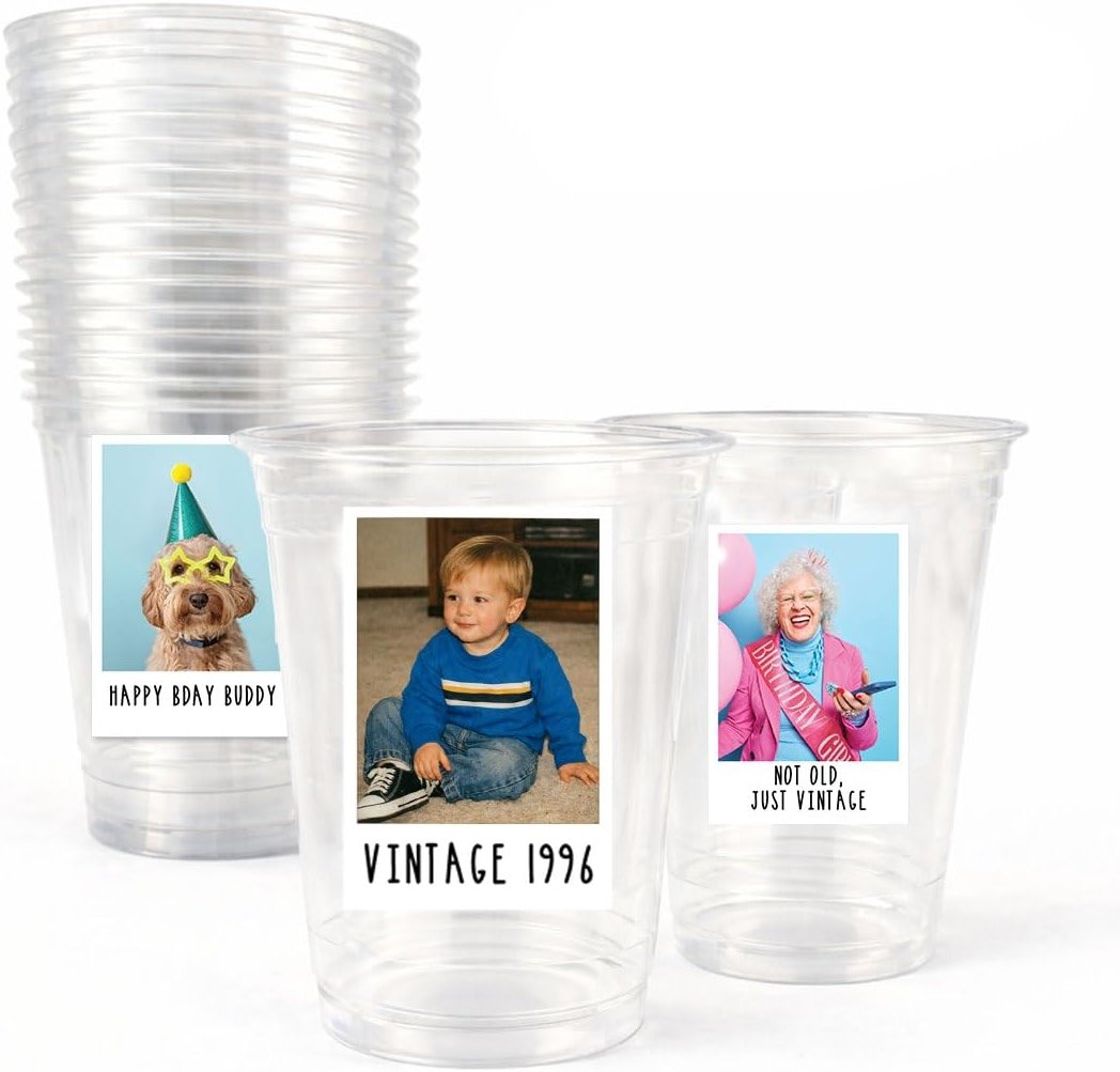Andaz Press Custom Photo Cups for Party, Personalized 16oz Plastic Cups with Picture & Text Labels, Disposable Drinkware for Birthday, Wedding, Graduation, Baby Shower, Retro Est Year Theme Set of 20 - Product Image