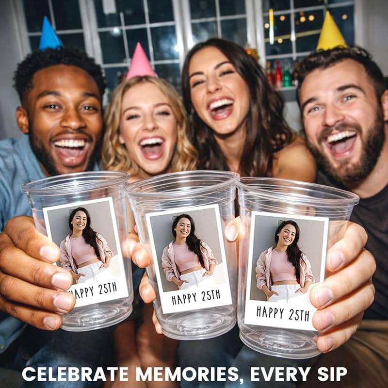 Andaz Press Custom Photo Cups for Party, Personalized 16oz Plastic Cups with Picture & Text Labels, Disposable Drinkware for Birthday, Wedding, Graduation, Baby Shower, Retro Est Year Theme Set of 20 - Image 2