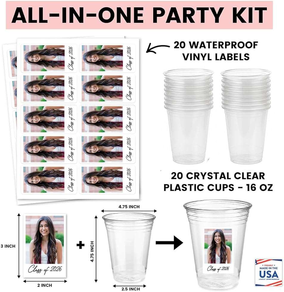 Andaz Press Custom Photo Cups for Party, Personalized 16oz Plastic Cups with Picture & Text Labels, Disposable Drinkware for Birthday, Wedding, Graduation, Baby Shower, Retro Est Year Theme Set of 20 - Image 3