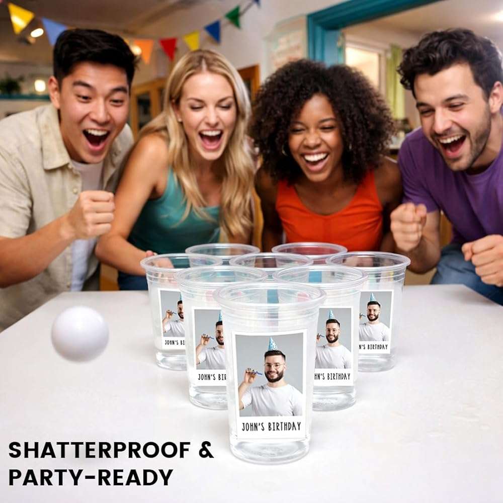 Andaz Press Custom Photo Cups for Party, Personalized 16oz Plastic Cups with Picture & Text Labels, Disposable Drinkware for Birthday, Wedding, Graduation, Baby Shower, Retro Est Year Theme Set of 20 - Image 5
