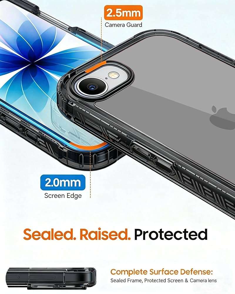 Lifedance Rugged Full-Body Case for iPhone 17e/16e, Built-in Screen Protector, 10FT Military Drop Tested, Clear Shockproof Phone Case Cover for iPhone 17e & 16e, Clear Black - Image 3