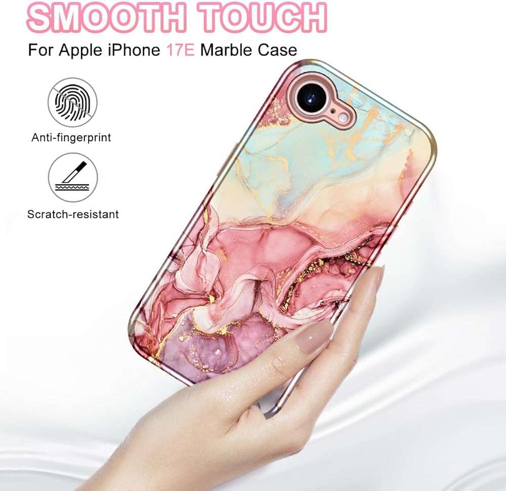 Btscase Compatible with iPhone 17e Case 6.1 Inch 2026,Marble Pattern 3 in 1 Heavy Duty Shockproof Full Body Rugged Hard PC+Soft Silicone Drop Protective Women Girl Phone Cases, Rose Gold - Image 3