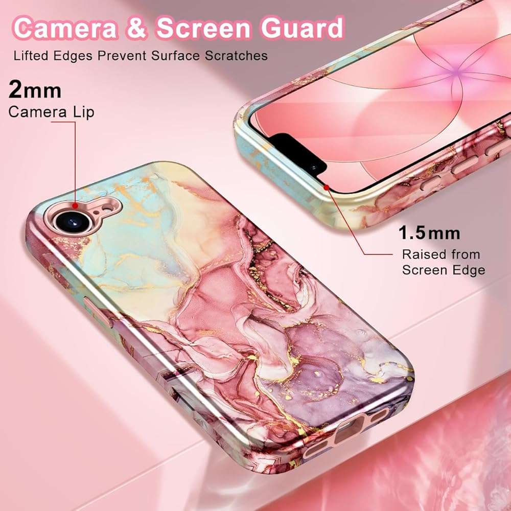 Btscase Compatible with iPhone 17e Case 6.1 Inch 2026,Marble Pattern 3 in 1 Heavy Duty Shockproof Full Body Rugged Hard PC+Soft Silicone Drop Protective Women Girl Phone Cases, Rose Gold - Image 4