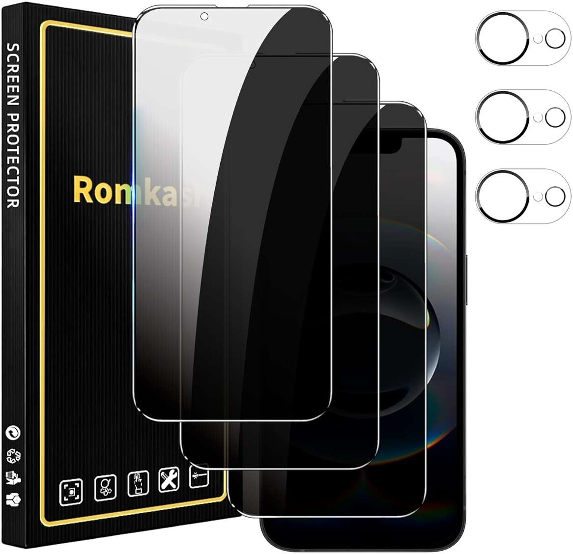 Romkasi 3 Pack Privacy Screen Protector for iPhone 17e 6.3 Inch with 3 Pack Camera Lens Protector, Anti Spy Tempered Glass Film, Anti-Scratch, Touch Sensitive, Case Friendly - Image 1