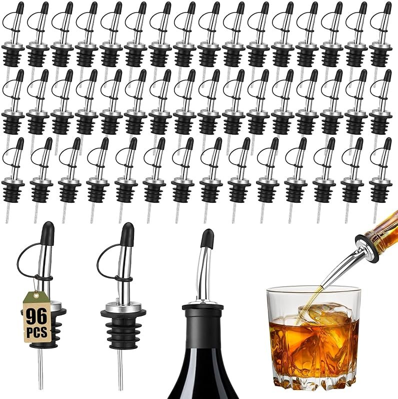96 Pack Liquor Bottle Pourers, Stainless Steel Bottle Pourers with Dust Caps, Speed Pourers for Liquor Bottles, Olive Oil, Wine, Mason Jar, Bar and Kitchen Set - Product Image