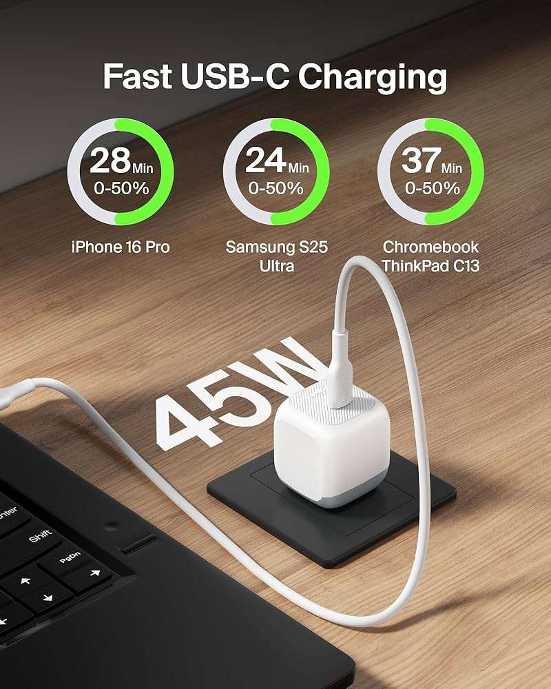 Belkin Compact Wall Charger 45W, USB-C PD iPhone Charger Fast Charging for Apple iPhone 17/16/15 Series, Samsung Galaxy S26/S25 Series, Pixel 10, MacBook, Chromebook, iPad, AirPods, & More - White - Image 2