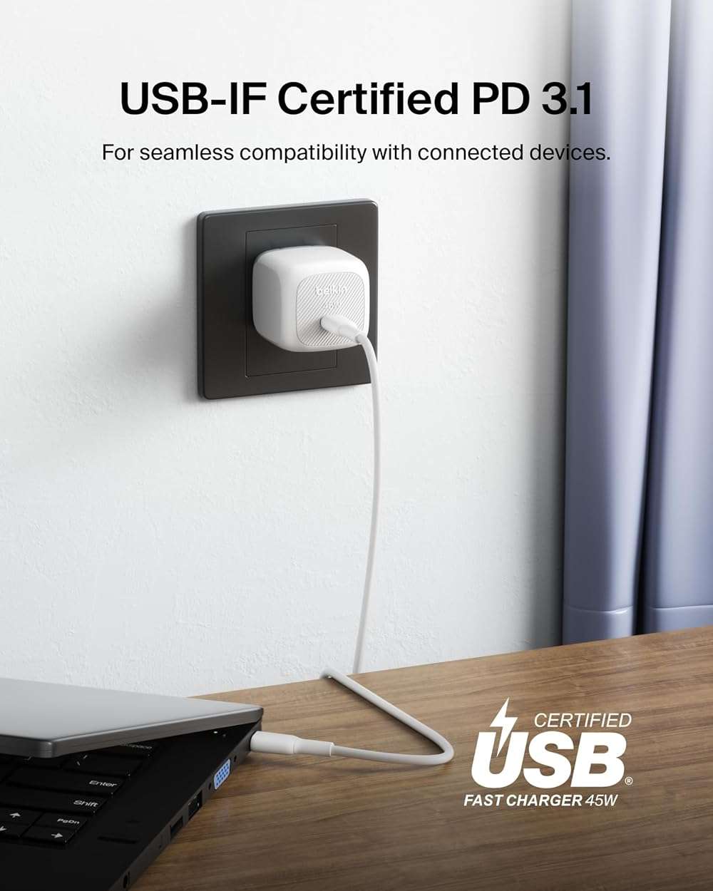 Belkin Compact Wall Charger 45W, USB-C PD iPhone Charger Fast Charging for Apple iPhone 17/16/15 Series, Samsung Galaxy S26/S25 Series, Pixel 10, MacBook, Chromebook, iPad, AirPods, & More - White - Image 5