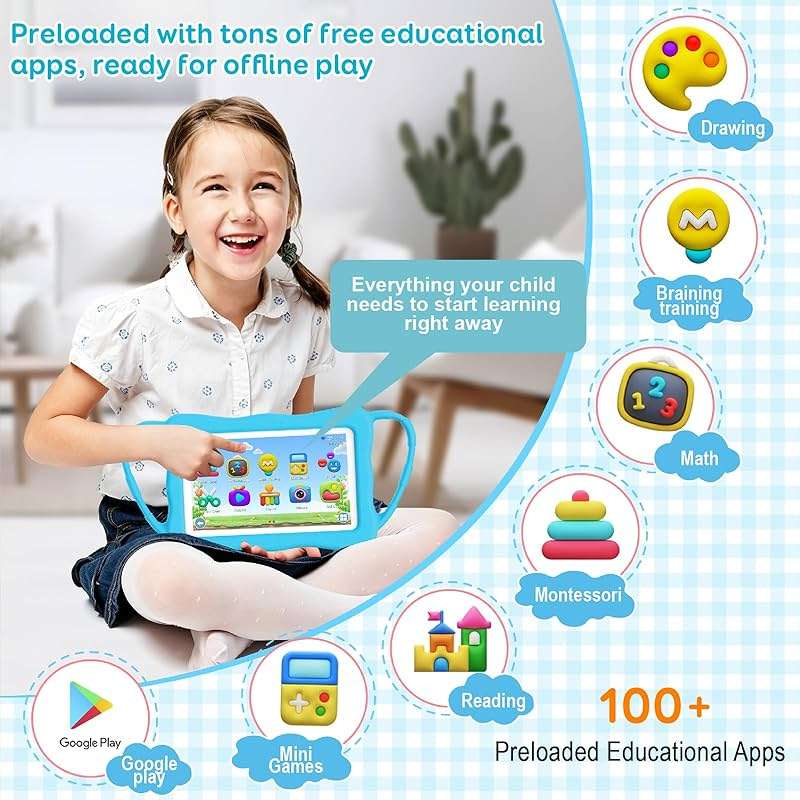 okulaku Kids Tablet, 7 Inch Android 16 Toddler Tablet with 4GB RAM 32GB ROM, Silicone Case, Parental Controls, Free Educational Apps for 3-12 Years Old Boys Girls(Blue) - Image 4