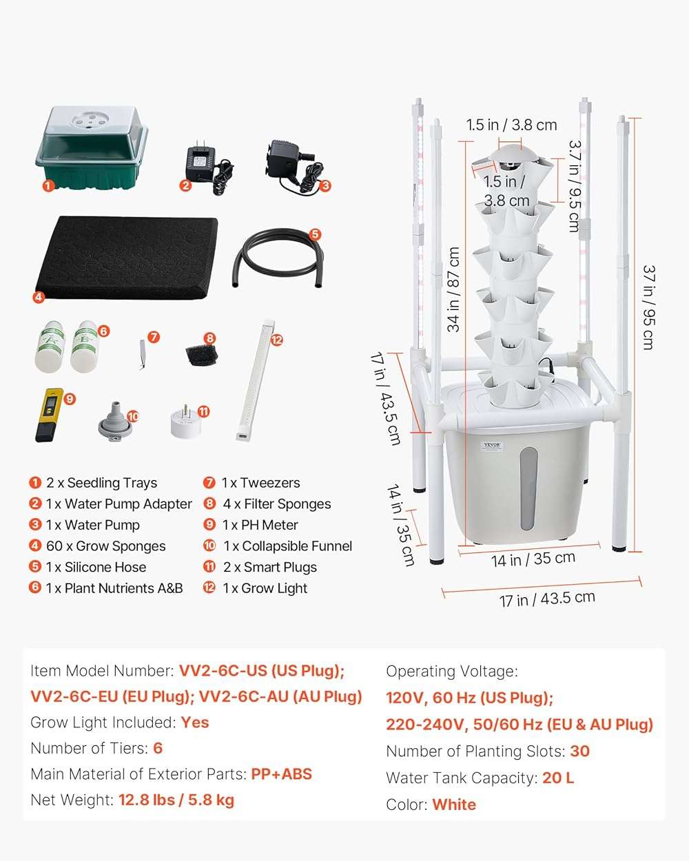 VEVOR Hydroponic Tower, 30 Pods 6 Tiers Hydroponics Growing System Kit with LED Grow Light & App Control, Vertical Home Garden with 20L Water Tank & Pump, Planter for Indoor Herbs, Fruits, Vegetables - Image 3