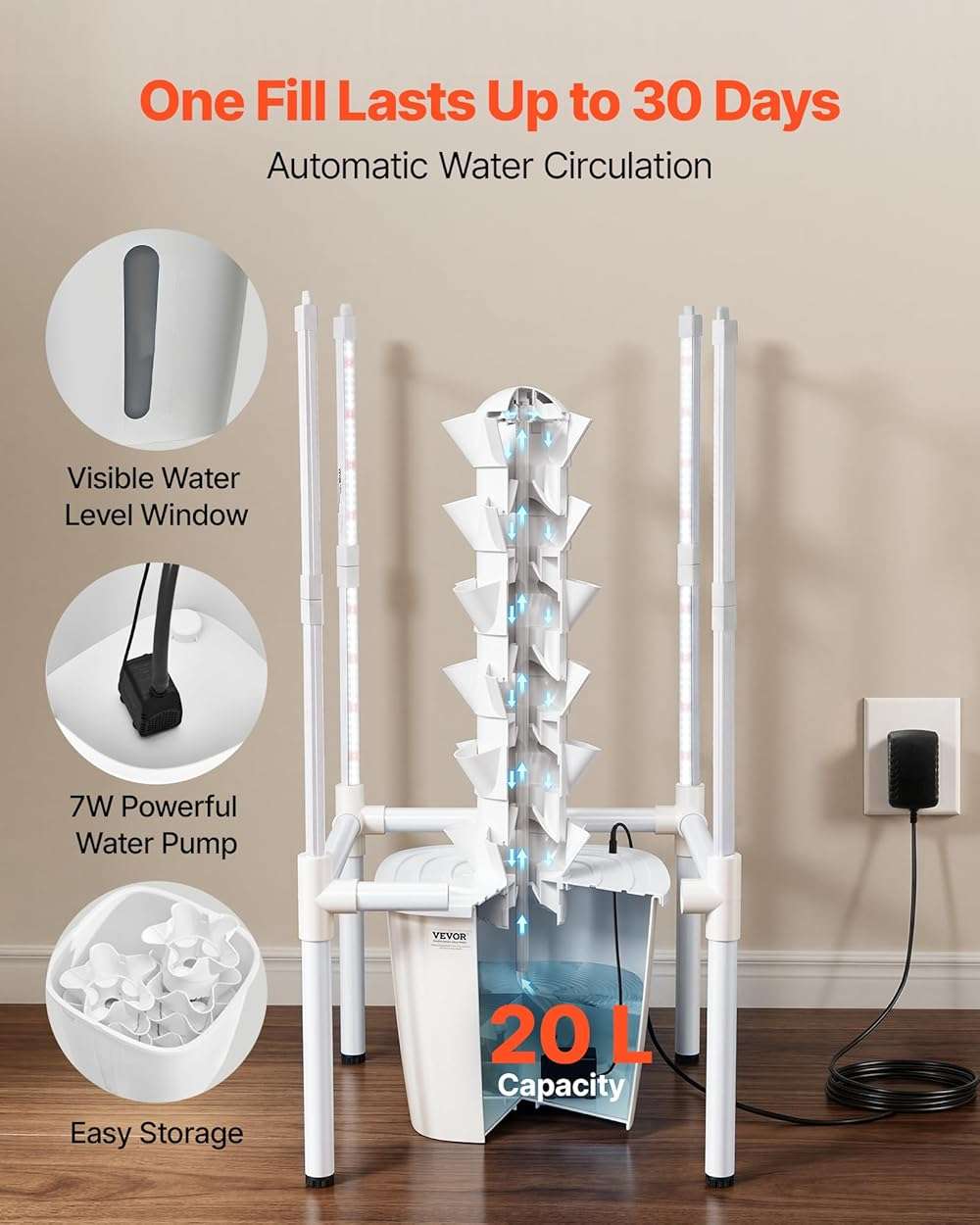 VEVOR Hydroponic Tower, 30 Pods 6 Tiers Hydroponics Growing System Kit with LED Grow Light & App Control, Vertical Home Garden with 20L Water Tank & Pump, Planter for Indoor Herbs, Fruits, Vegetables - Image 5