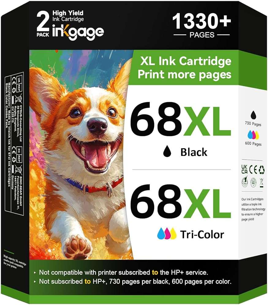 68e High Yield for HP 68 Ink Cartridge Black and Tri-Color Combo Pack Compatible for HP 68XL Ink Cartridges for Envy 6155e 6155 6555e 6152e 6552e 6558e 6165e 6100e 6500e 6550e Series Printers 2-Pack - Image 1