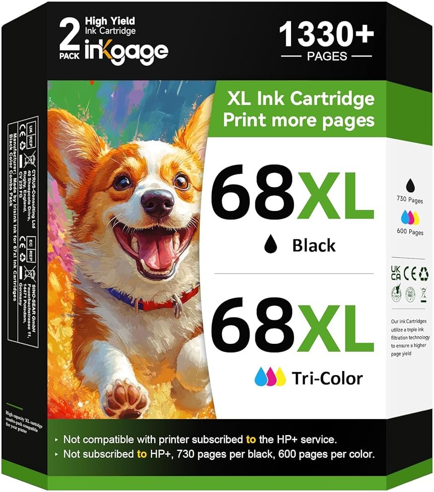 68e High Yield for HP 68 Ink Cartridge Black and Tri-Color Combo Pack Compatible for HP 68XL Ink Cartridges for Envy 6155e 6155 6555e 6152e 6552e 6558e 6165e 6100e 6500e 6550e Series Printers 2-Pack - Product Image