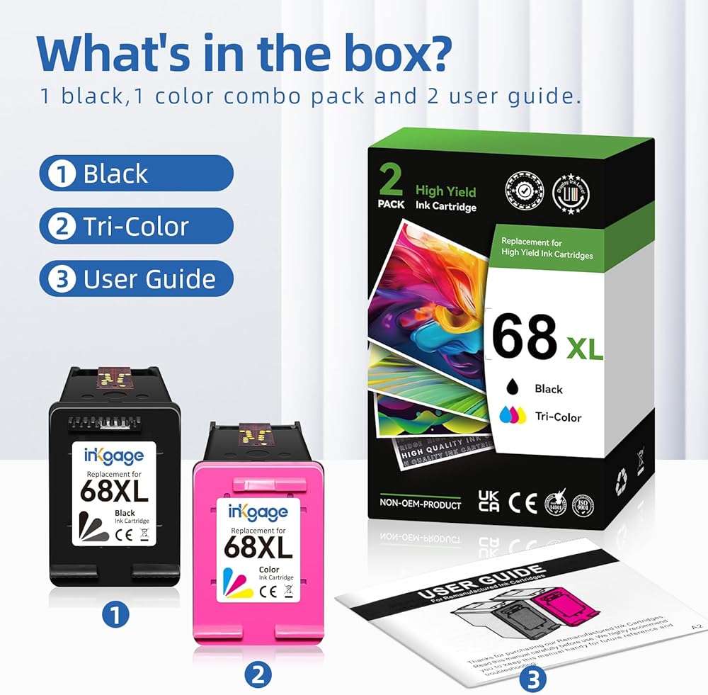 68e High Yield for HP 68 Ink Cartridge Black and Tri-Color Combo Pack Compatible for HP 68XL Ink Cartridges for Envy 6155e 6155 6555e 6152e 6552e 6558e 6165e 6100e 6500e 6550e Series Printers 2-Pack - Image 8