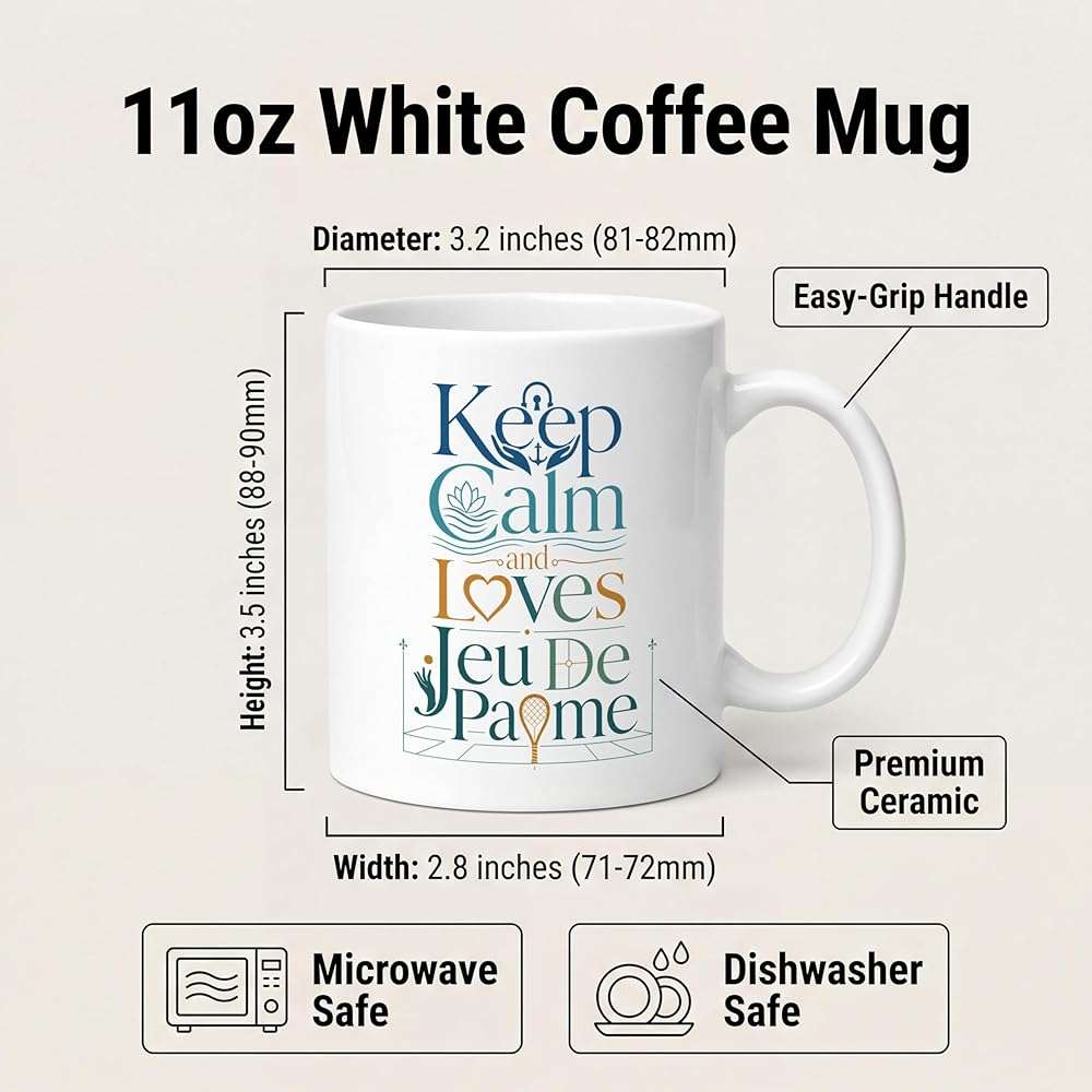 Keep Calm and Loves jeu_de_paume Mug, 11oz White Ceramic Coffee Mug, Double-Sided Print Gift for jeu_de_paume Fans and Everyday Coffee Drinkers - Image 3
